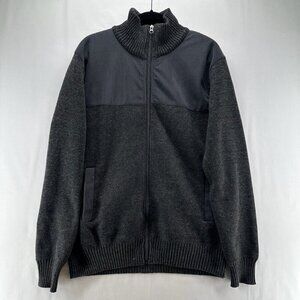Izod Sweater Men Sz L Full Zip Fleece Plaid Lined Mock Neck Long Sleeve Charcoal